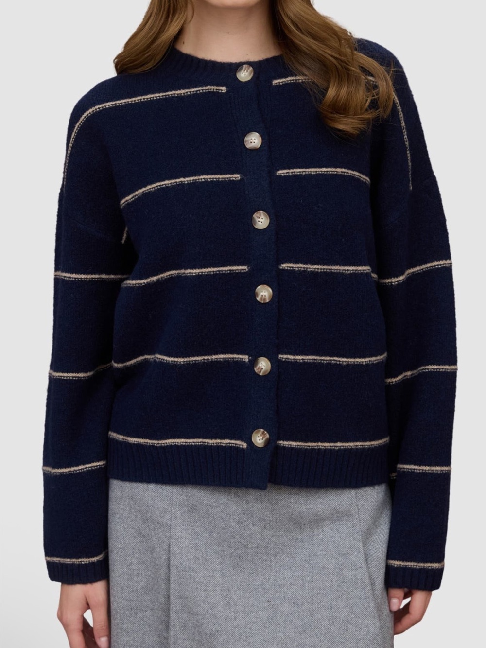 Blu Pepper Striped Button crewneck Cardigan Navy and Cream